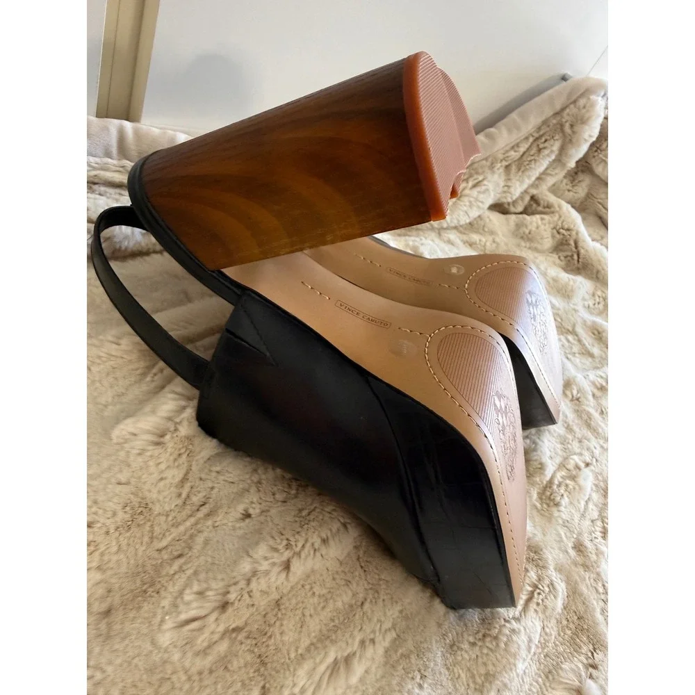 Vince Camuto Black Leather Platform Slingback Wood Block Heel Sandals Square Toe